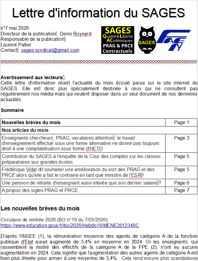 SagesSyndicat's tweet photo. La lettre d'information du SAGES n°7 est disponible en téléchargement.
https://t.co/nPJkGt3IAF
#PRAG #PRCE #ESAS #JeNeSuisPasEsas https://t.co/RCnx8M14NQ
