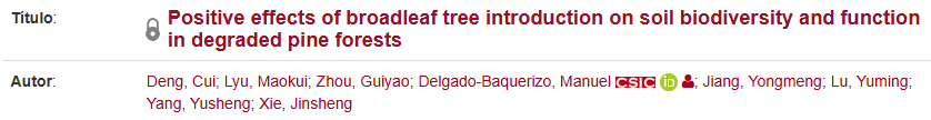 IRNAS_CSIC's tweet photo. Published article by @IRNAS_CSIC  and now available in our institutional repository, Digital_CSIC @biofunlab
Título:  Positive effects of broadleaf tree introduction on soil biodiversity and function in degraded...
Autor:  Deng, Cui et al...
URI:  https://t.co/7SWac6z3oM https://t.co/ThNqgwkh2E