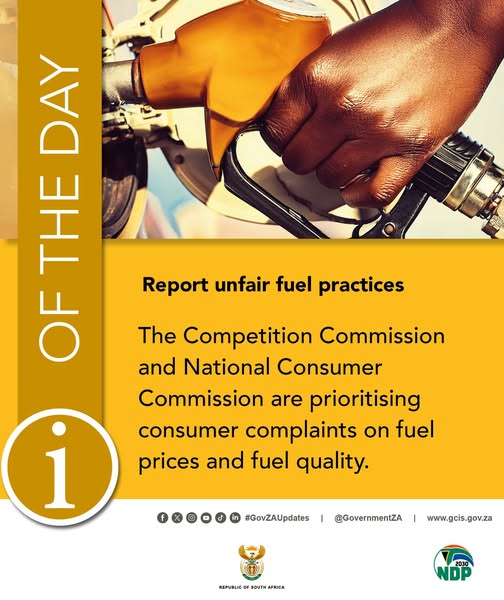 GCIS_IRC's tweet photo. Unfair fuel practices? Report them. The Competition Commission and National Consumer Commission are prioritising your complaints on fuel prices and quality. Speak up. #FuelRelief #GovZAUpdates https://t.co/cpPao26VhR