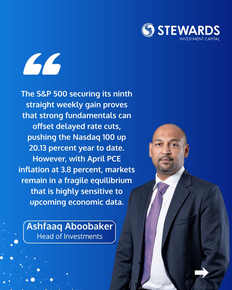 Stewards_IC's tweet photo. Market resilience takes center stage as robust corporate earnings and structural AI expenditures successfully offset a hawkish US Federal Reserve outlook.

Despite April PCE inflation remaining sticky at 3.8 percent, optimism surrounding easing geopolitical tensions in the Middle East brought welcome relief to energy markets, helping propel the S&P 500 to its ninth consecutive weekly gain. As we enter the new week, all eyes remain on incoming economic data and corporate guidance to see if this constructive momentum can be sustained.

Swipe through for the full breakdown of global equities, key macro indicators, and our outlook for the week ahead 👉

Reach out to us at thestewards@stewards.global to discuss your strategic investment plans.

Ashfaaq Aboobaker

#StewardsInvestmentCapital #MarketUpdate #Investing #Macroeconomics #Equities #AITech