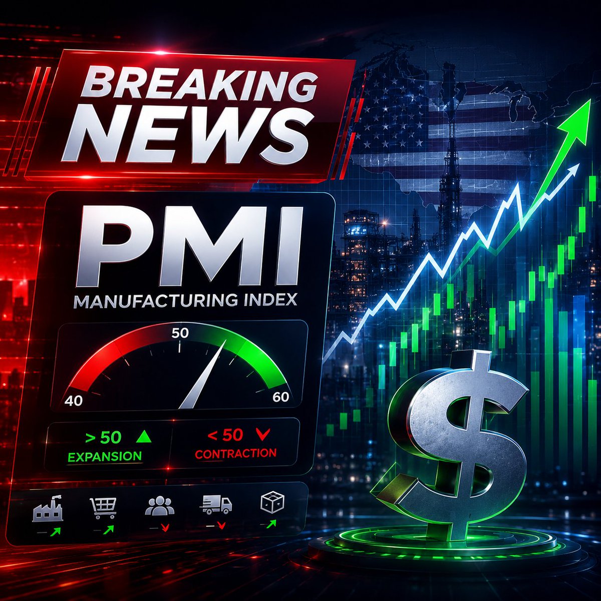 Blynexex's tweet photo. 🚨 BREAKING: US ISM Manufacturing PMI 📊

PMI > 50 → Expansion | < 50 → Contraction

Stronger-than-expected → USD Bullish 📈
Weaker-than-expected → USD Bearish 📉

💡 Extra Insight:
This is a leading indicator of economic momentum, driven by key components:
• New Orders (30%) — demand strength
• Production (25%) — output activity
• Employment (20%) — labor conditions
• Supplier Deliveries (15%) — supply chain pressure
• Inventories (10%) — stock dynamics

🔥 Watch “Prices Paid” closely — a key signal of inflation pressure.

Markets react fast — be ready ⚡️

#PMI #USD #Forex #ForexNews