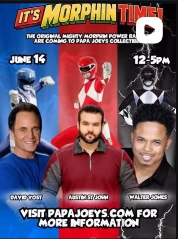 RedRangerMike's tweet photo. Helloooo San Diego! Meet your OG Red Ranger @ASJAustin alongside @Walterejones and @David_Yost at @papajoeycardshp June 14th. Be there or Rita's minions will be! https://t.co/VFzaWNttdJ