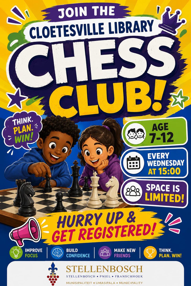 StellMun's tweet photo. ♟️ Calling all young strategists! Join the Cloetesville Library Chess Club and sharpen your skills while having fun.

📍 Ages 7–12 📅 Every Wednesday 🕒 15:00 📚 Cloetesville Library https://t.co/dyGIDmGHry