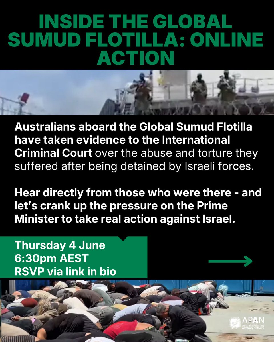 APAN4Palestine's tweet photo. They sailed to challenge Israel's siege of Gaza.
They returned with firsthand accounts of detention, abuse and the realities of confronting Israeli forces at sea.
Join APAN for a special online event with participants from the Global Sumud Flotilla as they share what happened onboard, why they took action, and what comes next in the fight to end the siege of Gaza.
Hear directly from those who put their bodies on the line in solidarity with Palestinians.

Thursday 4 June
6:30 AEST
Register now – link in bio

#FreePalestine #Gaza #Sumud #BreakTheSiege #Flotilla