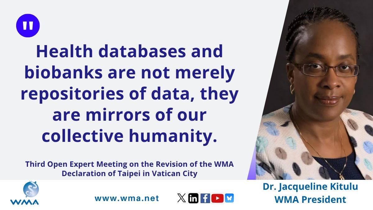 medwma's tweet photo. Opening the Third Open Expert Meeting on the Revision of the WMA DOT in Vatican, WMA President @mdjkitulu called for a stronger commitment to equity in health data governance and medical research.

Follow the meeting online: https://t.co/gjdsVo9pAj

#MedicalEthics #HealthData https://t.co/lbsvSynpKp