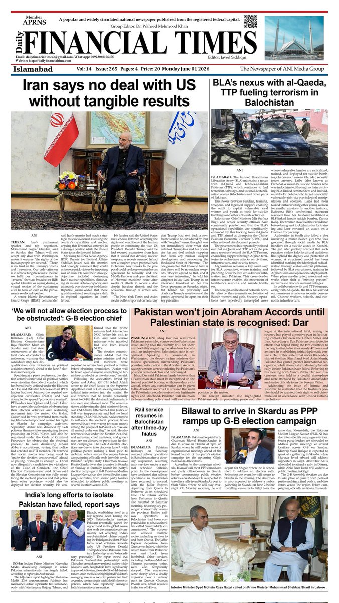 Dailyfinan32654's tweet photo. FINANCIAL TIMES Monday 1st June 2026 ! Latest News | Breaking News #latetsnews #eadlines @ForeignOfficePk @ChinaDaily @CMShehbaz @GovtofPunjabPK @MIshaqDar50 @TararAttaullah @NAofPakistan @AyazSadiq122 @YousafRazaGil @SenatePakistan @AAliZardari @MIshaqDar50 @ICT_Police https://t.co/CBZKlLWSZR