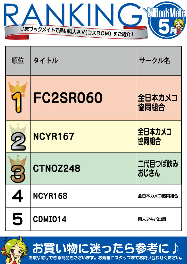 bookmate2d's tweet photo. 【2026年5月期 ブックメイト 全店舗＆通販】

👑同人AV(コスROM）ランキング👑

全日本カメコ協同組合
二代目つば飲みおじさん
同人アキ��出版

👇作品の詳細は弊社通販ページでチェック！
https://t.co/5ovwH1IWDx https://t.co/xwkOVR9iv1