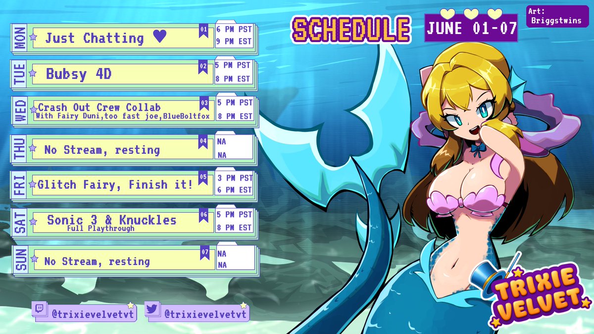 trixievelvetvt's tweet photo. We got a fun week in store every bun bun and nyan nyan out there, Here is The Trixie Special Schedule!    

Monday: We got some catching up to do and just hanging out at the start.   

Tuesday: we have to paws for the cat that we all know kind of isn't all that but can that change?  

Wednesday: we have crash out crew collab with the awesome @FairyDuniVT @TooFastJoe and @BlueBoltFox

Thursday: I am kind of resting (and watching a certain movie that releases that day)  

Friday we Finish up Glitch Fairy  

Saturday: a special day where we Play Sonic 3 and Knuckles both sonics side and Knuckles side as well.   Its a full week so lets make it fun all the way, cant wait to see you there!

Mermaid art by @BriggsTwins