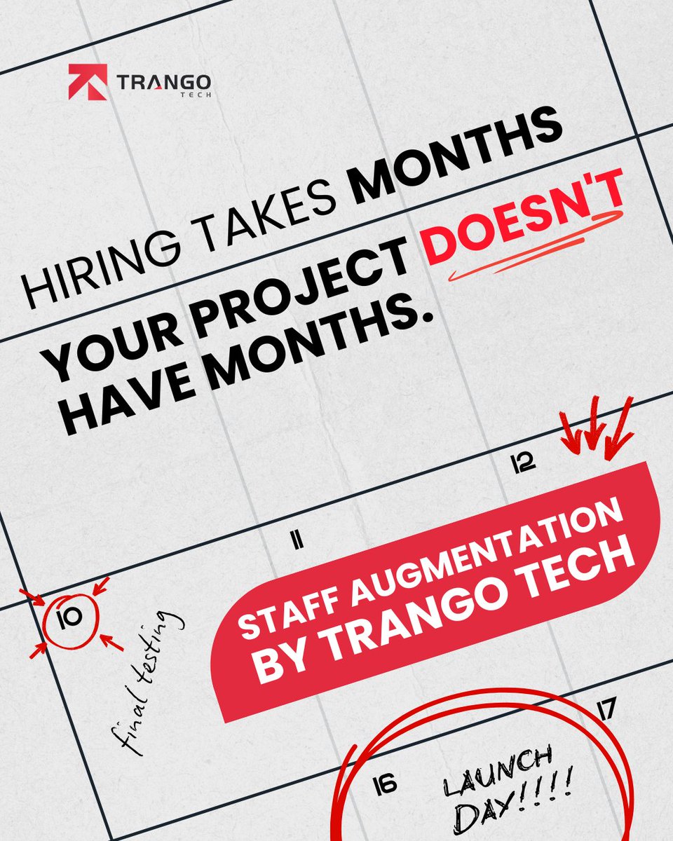 TrangoTech's tweet photo. The average US tech hire takes 45 days. Your project can't wait that long.

Trango Tech's staff augmentation gets you vetted talent in days, not months. 

👥 Get the talent. Hit the deadline - https://t.co/vdMe8ZFb9p

#StaffAugmentation #TrangoTech https://t.co/fkc6220XSY
