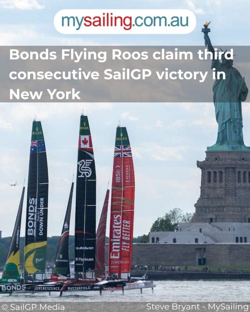 mysailing's tweet photo. Bonds Flying Roos claim third consecutive SailGP victory in New York https://t.co/9X9HLoXuXE 

The Bonds Flying Roos achieve an impressive third consecutive victory in the SailGP New York event, showcasing thrilling competition and skill on the water. 

#SailGP #BondsFlyingRoos https://t.co/QyrvORlh28