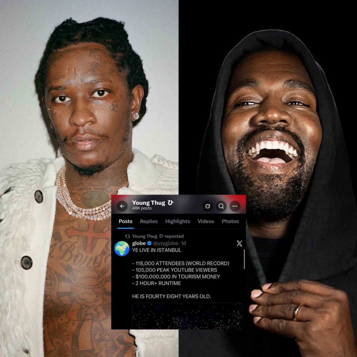 Kurrco's tweet photo. Young Thug shows love to Ye after he breaks the record for the largest ticketed stadium event in history https://t.co/cnhnN3L6OM