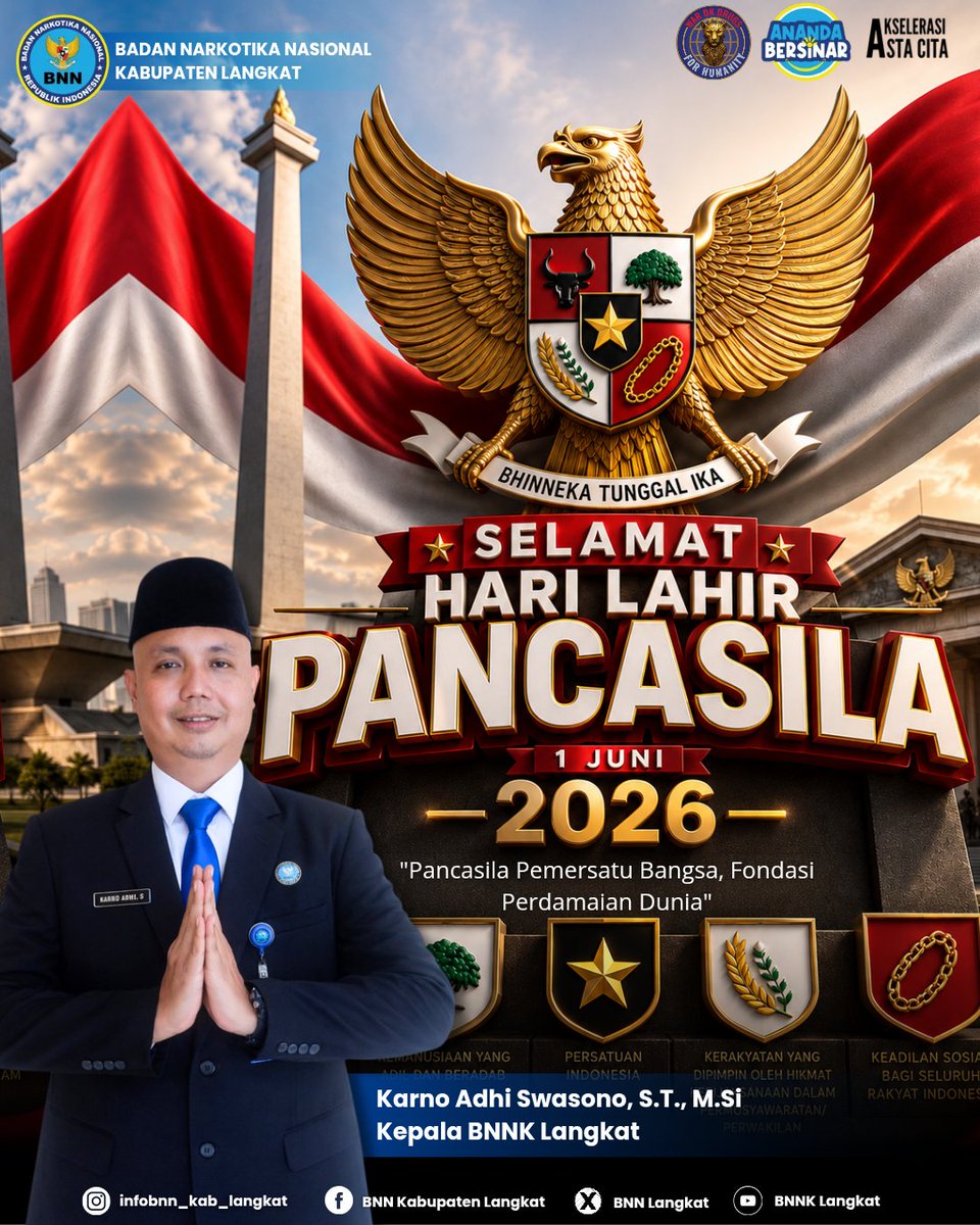 BnnLangkat's tweet photo. Kepala BNN Kabupaten Langkat beserta Staf Mengucapkan "Selamat Memperingati Hari Lahir Pancasila 01 Juni 2026". Pancasila Pemersatu Bangsa, Fondasi Perdamaian Dunia. https://t.co/3nEroGubEz