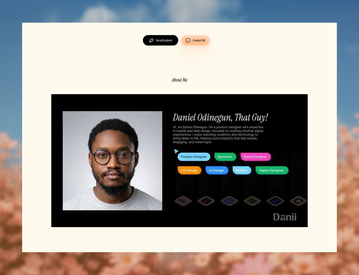 daniel_odinegun's tweet photo. Introducing Danii.

After years of designing for others, I finally designed for myself.

This is more than a portfolio. It's a reflection of my journey, my growth, and the kind of designer I'm becoming.

A huge shoutout to the Dev @Divine_Ose_Omo 

🔗 https://t.co/2v1CaCDl75 https://t.co/8kOsPT4nvu