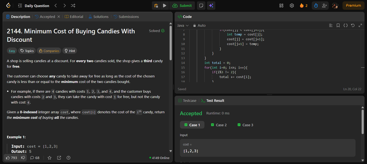 VKakad2709's tweet photo. Day 61 of #100DaysOfCodeStarted my journey today! Solved LeetCode problem Minimum Cost of Buying Candies with Discount. Looking forward to coding more every day! #Code #LearningToCode #dsa #Java #100DaysOfCode https://t.co/IlzbFxHtYH