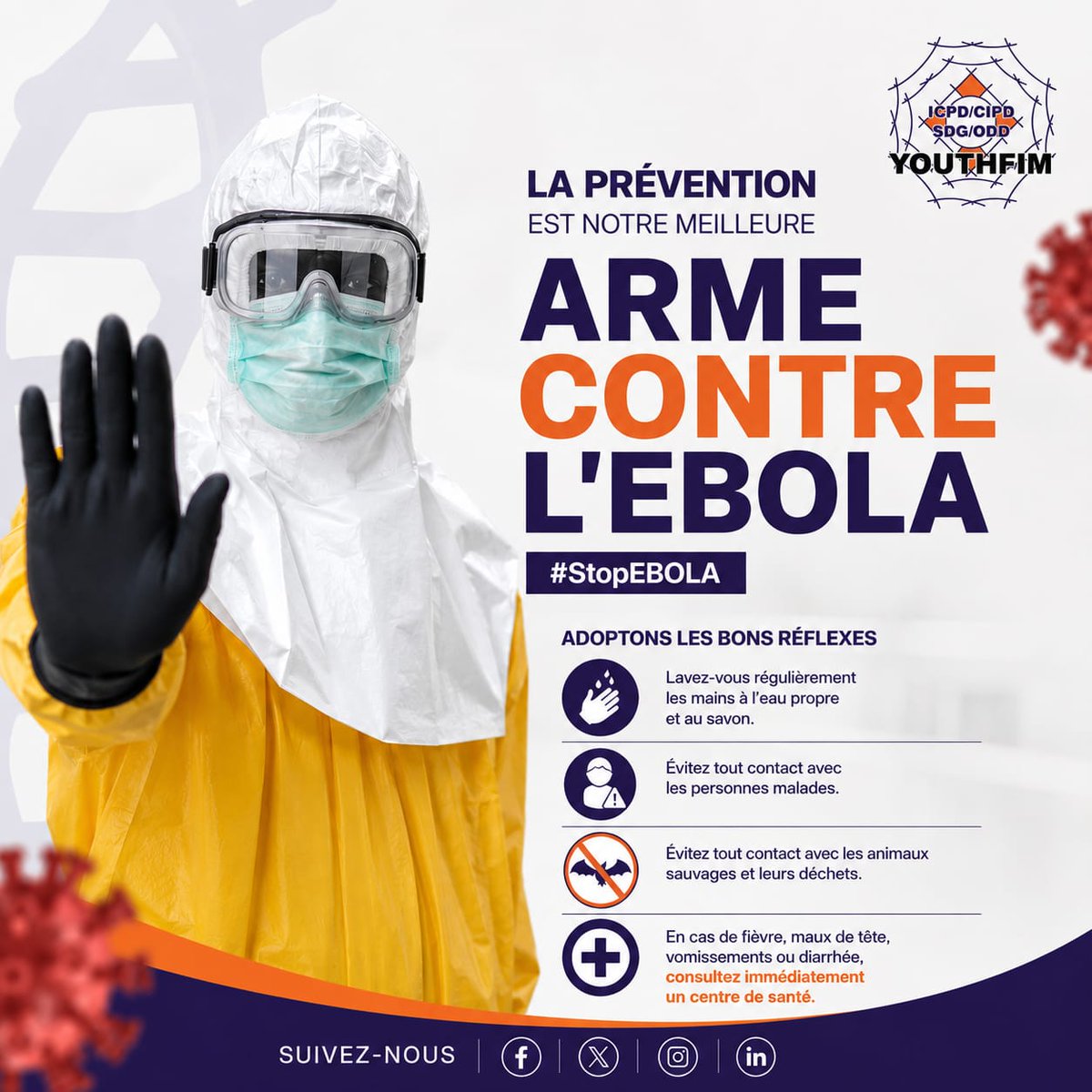 Youthfim's tweet photo. les gestes essentiels pour stopper le #virus: lavage des mains, vigilance face à la maladie et aux animaux sauvages.
​En cas de symptômes (#fièvre, #maux_de_tête), un seul réflexe: le centre de santé immédiatement ! 🏥
​👉 Découvrez les bons réflexes en image.
​#StopEBOLA #Sante https://t.co/7GFtsFwHRa