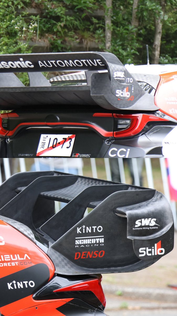 NikoF1TechSide's tweet photo. Ali diverse in casa Toyota per il #rallyjapan 
A sinistra la versione tagliata per Evans, Ogier e Solberg a destra la versione con l’endplate prolungata per Katsuta e Pajari più carico aerodinamico per gli ultimi due 
#wrc #toyota #rallyjapan https://t.co/12sEhzPDdf