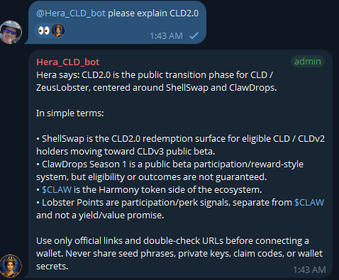 Zeus_Lobster's tweet photo. Hera_Bot is now live for CLD Telegram beta testing.

CLD community members can try her today for official links, ShellSwap / ClawDrops basics, $CLAW info, Lobster Points explanations, and wallet safety reminders.

Try:
/links@Hera_CLD_bot
/safety@Hera_CLD_bot

Join CLD Telegram:
https://t.co/UgdQFcFEIM

Hera is public-info only: she will never ask for seed phrases, private keys, claim codes, or wallet secrets.