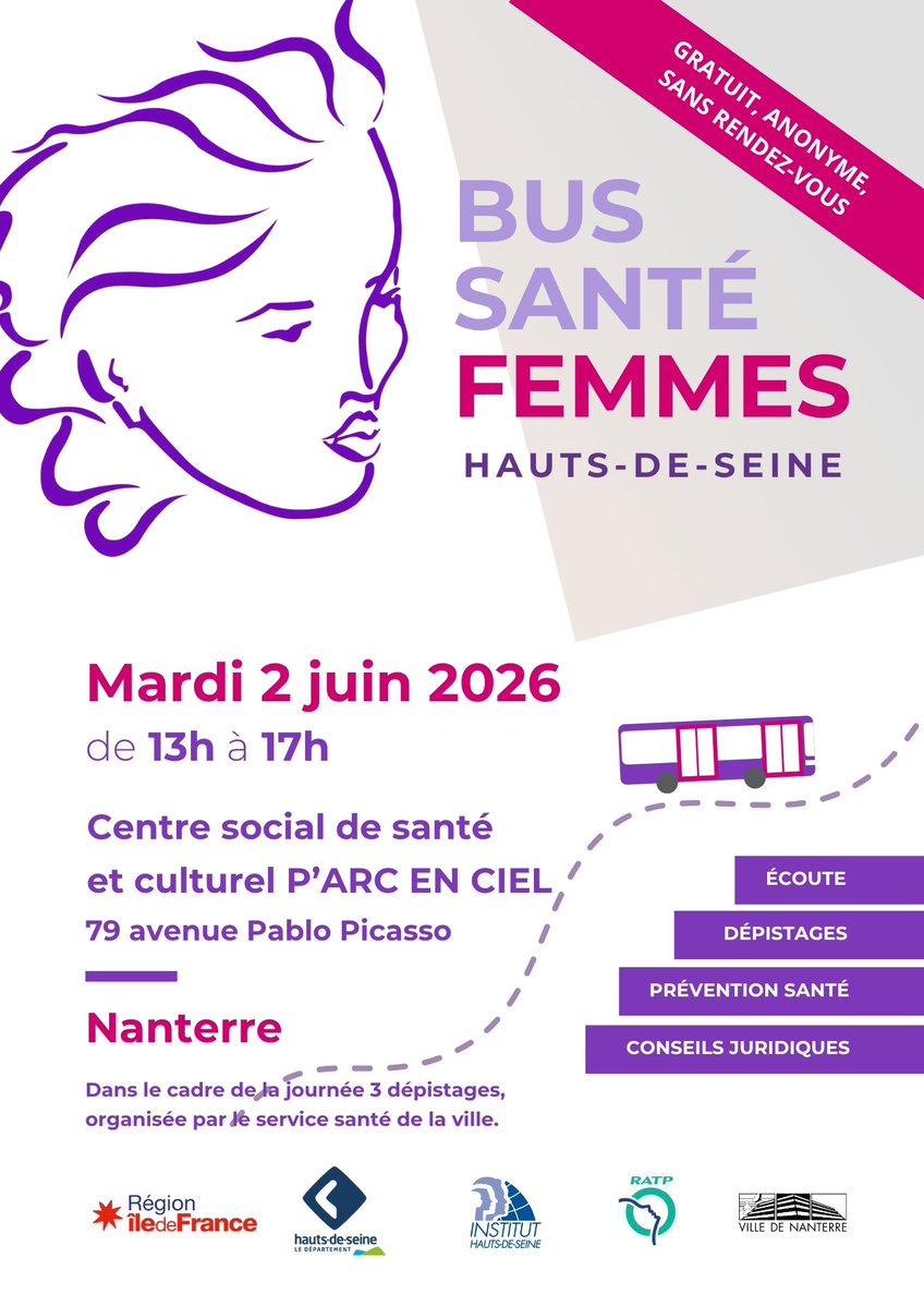 instituthds's tweet photo. 📢 Cette semaine, le #BusSantéFemmes vous donne rendez-vous à @VilleNanterre (@hautsdeseinefr) ! 🚌🩺

📅 Mardi 2 juin 📍 Centre Social et Culturel P'arc En Ciel (79 Av. Pablo Picasso) 🕙 13h-17h

🔗 Plus d'infos 👉 https://t.co/cAyAQ0u2Ao

🤝 @hautsdeseinefr @iledefrance @RATPgroup @Majorite92