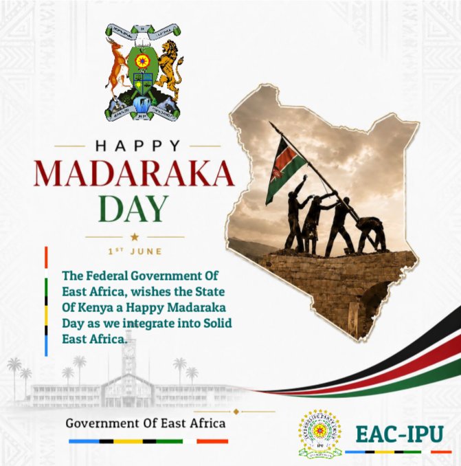 EastAfricaGov's tweet photo. The federal @EastAfricaGov wishes the State of Kenya a Happy Madaraka day as we integrate into a Solid East Africa Nation. 

@StateHouseKenya | @WilliamsRuto | @MamaRachelRuto | @NAssemblyKE | @ForeignOfficeKE | @EAC_IPU_Ke

#MadarakadayKenya https://t.co/jR2UdtXNrA