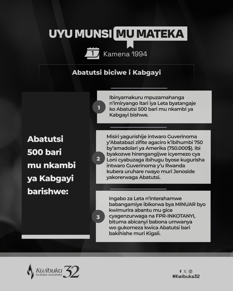 KwibukaRwanda's tweet photo. UYU MUNSI MU MATEKA

Kuwa 1 Kamena 1994, Abatutsi barenga 500 bari bahungiye mu nkambi ya Kabgayi, bagabweho igitero kirimo Interahamwe n'abasirikari baricwa.

Kwibuka, twiyubaka.
---
TODAY IN HISTORY

On 1 June 1994, over 500 Tutsi who had sought refuge in Kabgayi refugee camp, were attacked and killed by Interahamwe and the army.

Remember, unite, renew.
---
CE JOUR-LÀ DANS L'HISTOIRE

Le 1er juin 1994, les Interahamwe et l'armée ont attaqué et tué plus de 500 Tutsi qui s'étaient réfugiés dans le camp de Kabgayi.

Se souvenir, bâtir, ensemble.

#Kwibuka32