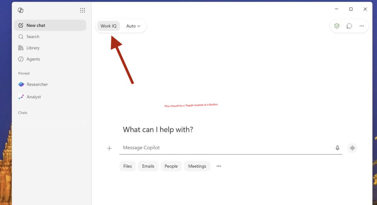 designedbyabin's tweet photo. A toggle would offer stronger signifiers because users generally recognize toggles as controls for enabling or disabling a feature. This better communicates the affordance of enabling/disabling WorkIQ.

With the model selector next to it and both inside a single container, people would wonder why Copilot's responses are bad - if its turned off. A line across the button just signifies the future isn't available to you.

@jacobandreou @ankitdp_ @sumit_c @clamanna @mustafasuleyman @MicrosoftAI @Microsoft365