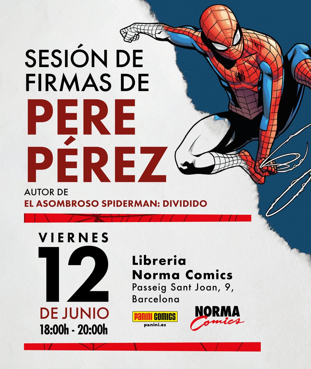 NormaComics's tweet photo. ¡FANS DE MARVEL, ATENTOS 😱!

El viernes 12 de junio 📅 de 18:00 tendremos firmando en nuestra librería al gran Pere Pérez, autor de 🕸 El Asombroso Spiderman: Dividido 🕷. Gracias a los amigos de @PaniniComicsEsp.

Las firmas serán por orden de llegada.

¡Te esperamos! https://t.co/qbmExZEcRc