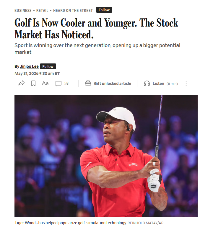 AstutexAi's tweet photo. More data points in the WSJ piece about rising popularity of golf:
- Rounds played up 14% in 2020 and increased almost every year since (4.8% decline in 2018 and 1.5% rise in 2019 for context)
- Junior participation 58% higher in 2025 vs 2019
- Off-course participation up 63% vs 2019
- Gen Z household spending on golf grew the most of all age groups
- 19M Americans only play off-course, big runway to convert
- Industry consolidation has cleared out the weaker players (Nike, Adidas's TaylorMade, Golfsmith all gone) 
- Acushnet $GOLF nearly tripled over 6 years, Callaway $CALY in the article) up 50% since announcing Topgolf sale
