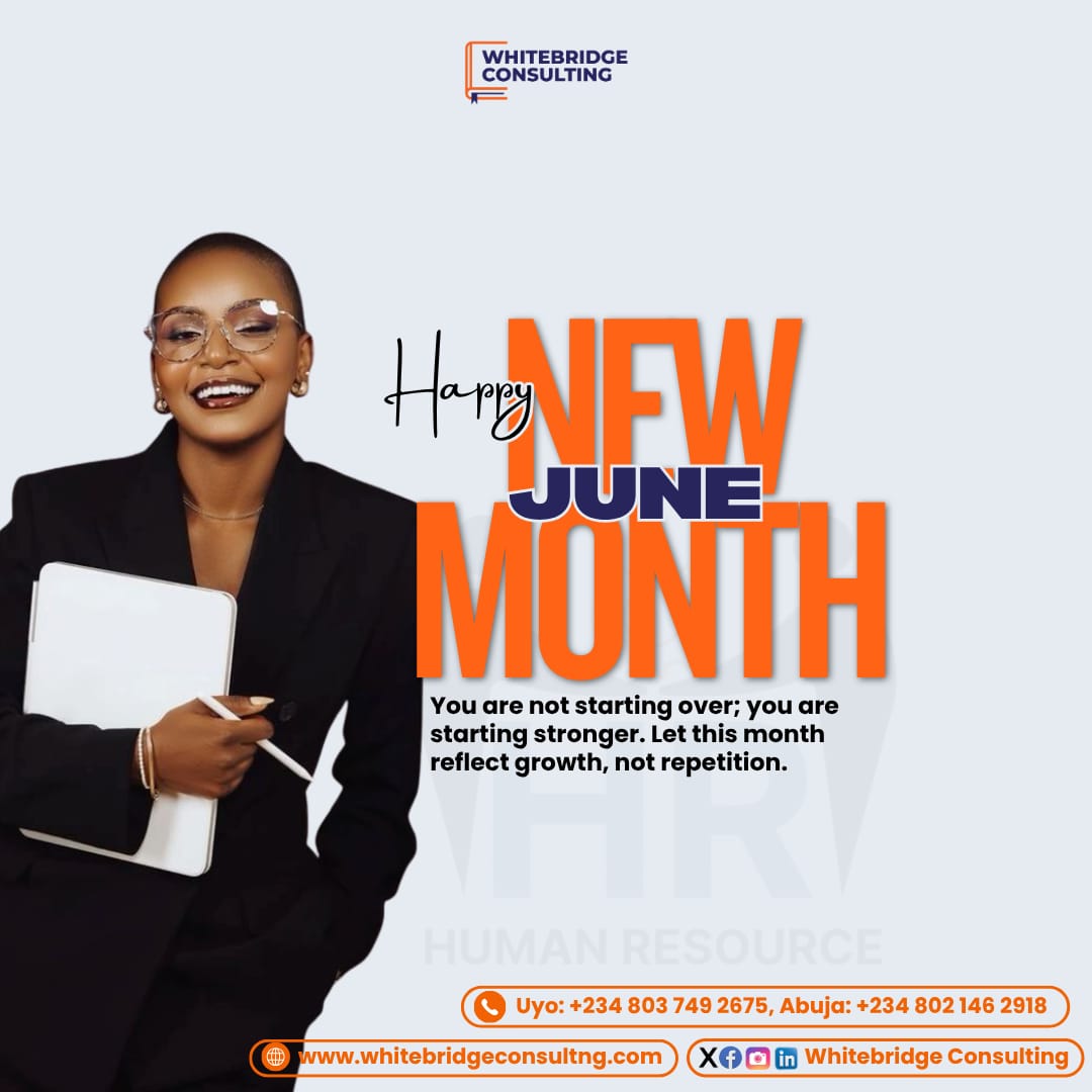 bridgingHR's tweet photo. June is another chance to learn, grow, and move closer to your career and business goals. Remember, every step forward counts, no matter how small.

Happy New Month from the Whitebridge Consulting Team!

#WhitebridgeConsulting
#HappyNewMonth
#HRSolutions
#June 
#HRinNigeria https://t.co/i4mcqDXmgi