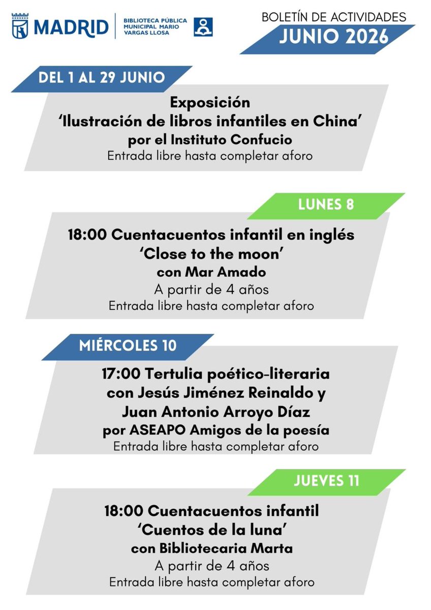 JMDCentro's tweet photo. Esta semana en la #BPM Mario Vargas Llosa puedes encontrar:  

📖  Taller de escritura creativa 🧞‍♀️ Cuentacuentos 🖼  Exposición 📚 tertulia literaria ¿Te vienes? https://t.co/9qfxKgPAYG