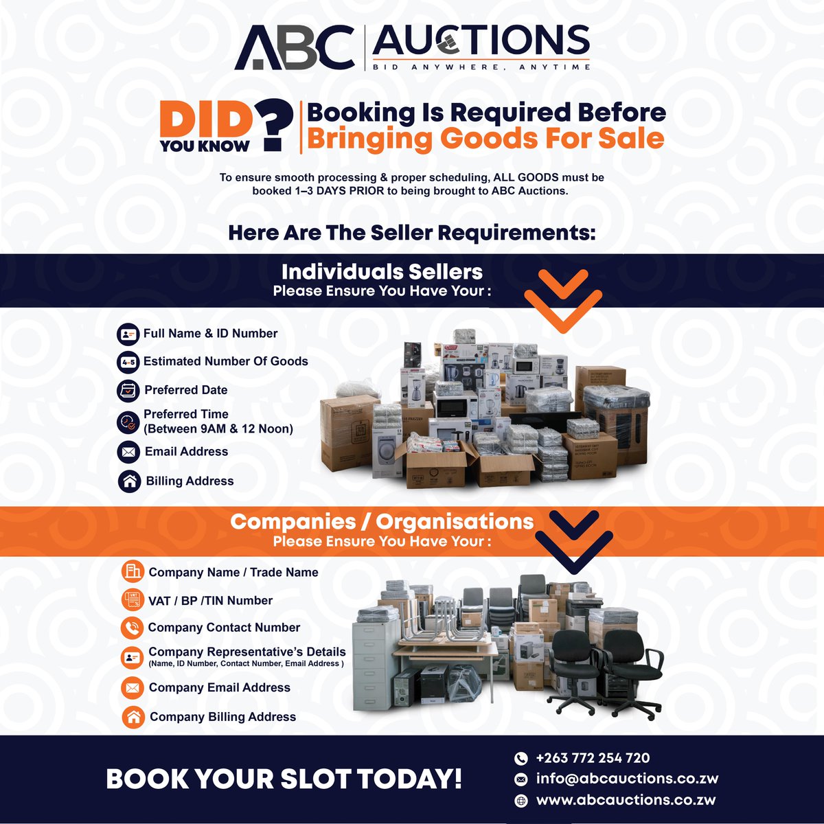 abc_auctions's tweet photo. 🚨 DID YOU KNOW? 🚨 

You can’t just arrive with goods for sale at ABC Auctions?
ALL items must be booked 1–3 DAYS BEFORE delivery.

Why? 

✅ Faster processing
✅ Proper scheduling
✅ Less waiting time
✅ Smooth handling of your goods

From home appliances to office furniture — we’ve got you covered.

Book your slot today with ABC Auctions and sell the smart way 

Contact us on WhatsApp on +263772565887
Or click here ==> https://t.co/K80xYaNHzc