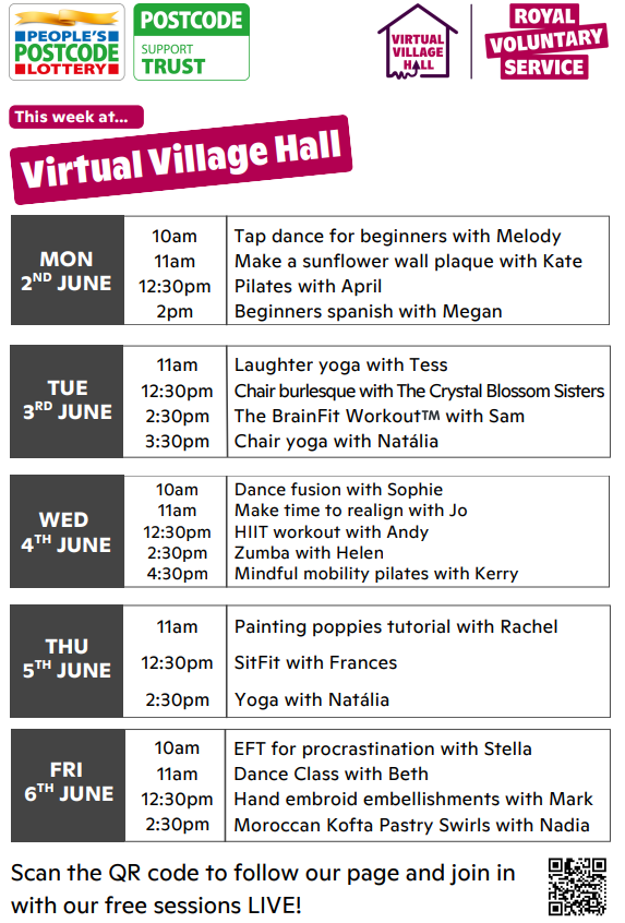 Stag_RosePPG's tweet photo. #monday & #weekahead #activities for all ๐๐ผCan't get out, you can still join in.
@VirtualVillHall๐๐ผAll sessions #FREE & available on demand after they go live.
Head to the 'Events' tab at the top of their page to join in LIVE!
DOWNLOAD TIMETABLE HERE๐
https://t.co/wu7QpJ4yw0 https://t.co/JG8UKyrMuB