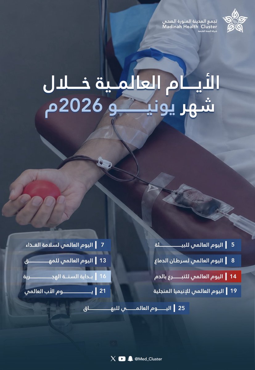 med_cluster's tweet photo. 📅 الأيام العالمية خلال شهر يونيو 2026م
لتبقى على اطلاع دائم بكل ما هو جديد في مجال الصحة والتوعية ✅

⁧#المدينة_المنورة⁩
⁧#تجمع_المدينة_الصحي https://t.co/HXDwiaix1U