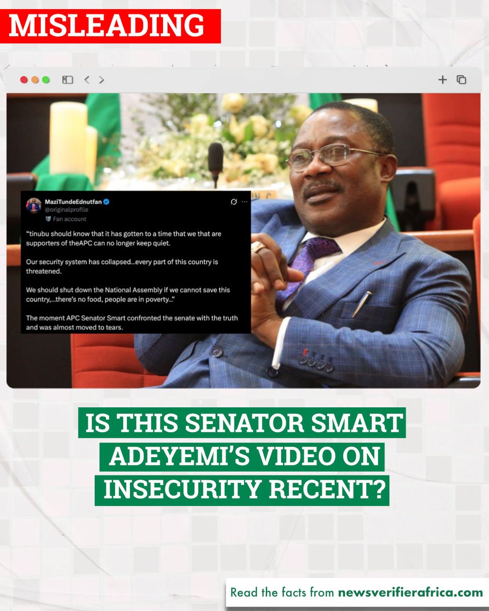 NVAFactchecks's tweet photo. The claim that Senator Adeyemi has challenged the Tinubu-led government and the Nigerian senate over the rising state of insecurity is MISLEADING.

 #newsverifierafrica #misleading #smartadeyemi #kogi #factchecking https://t.co/yShKudwS0K