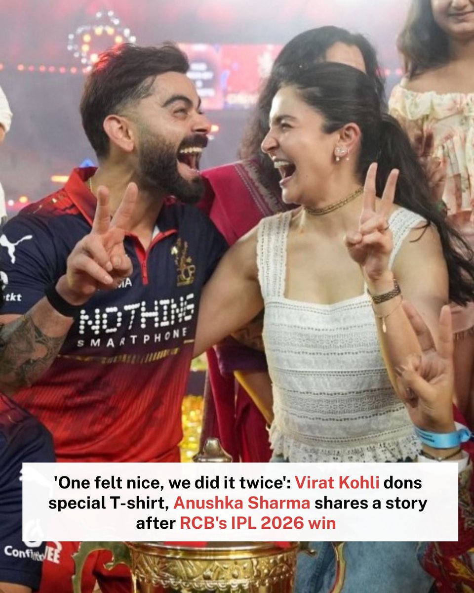 Calcutta_Times's tweet photo. #AnushkaSharma gives fans a glimpse from the #RCB victory celebration, as #ViratKohli dons special T-shirt❤️😍🎉

#rcb #ipl2026 #rcbwin #latest #trending https://t.co/rCvHVN6rrJ