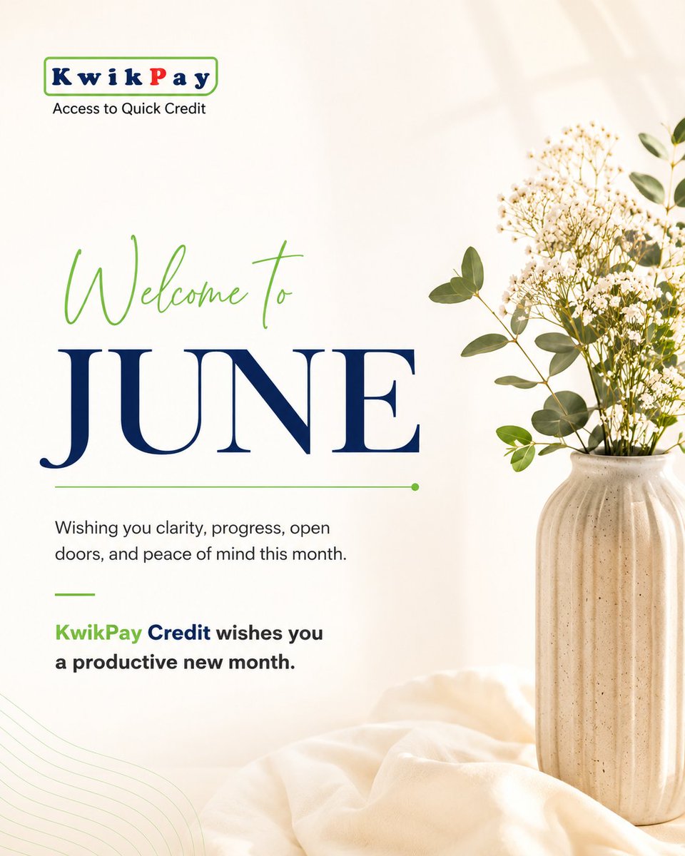 KwikPayCredit's tweet photo. New month. New possibilities. Whatever your goals are this June, 
KwikPay Credit is here to support your journey.

#Newmonth #KwikPayCredit https://t.co/C82aYMNmbO