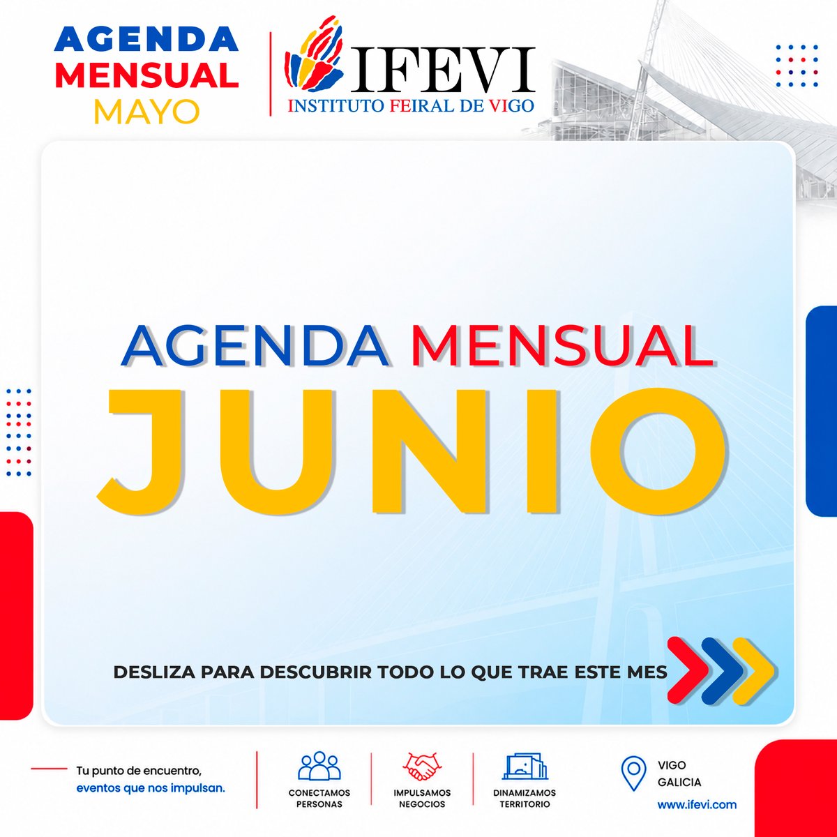 Ifevi's tweet photo. 📅✨ JUNIO en IFEVI

Actividades para todos los gustos este mes en Vigo 👇

🚗 Feria del Coche de Ocasión · 5-7 junio
🪨 STONEGAL · 17-19 junio
💪 DEKA Vigo · 27 junio
👉 Desliza y descubre la agenda mensual
#IFEVI #Vigo #EventosVigo #Galicia https://t.co/X9FpXbZY5j