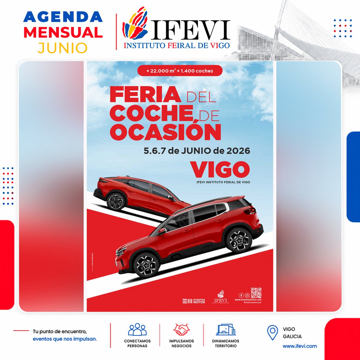 Ifevi's tweet photo. 📅✨ JUNIO en IFEVI

Actividades para todos los gustos este mes en Vigo 👇

🚗 Feria del Coche de Ocasión · 5-7 junio
🪨 STONEGAL · 17-19 junio
💪 DEKA Vigo · 27 junio
👉 Desliza y descubre la agenda mensual
#IFEVI #Vigo #EventosVigo #Galicia https://t.co/X9FpXbZY5j