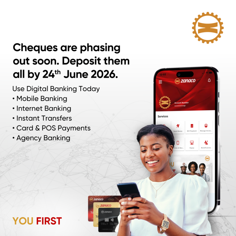 zanacoplc's tweet photo. Why wait in line when banking can be at your fingertips? As cheques phase out, now is the perfect time to move to faster and more convenient digital banking solutions.
Remember to deposit all cheques by 24th June 2026

YouFirst #ChequePhaseOut #Zanaco https://t.co/Gyva8k1Ir6