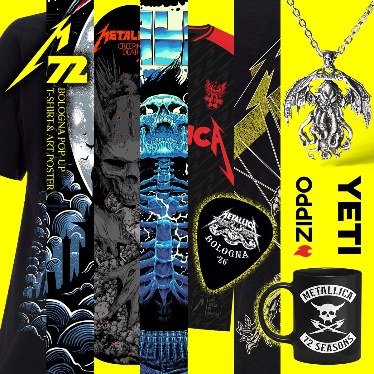Metallica's tweet photo. 🇮🇹 BOLOGNA 🇮🇹
The #M72Bologna Pop-Up Shop opens tomorrow!

Each M72 Pop-Up Shop will feature its own splatter vinyl edition of 72 Seasons, as well as a completely exclusive screen-printed poster, event tee, and skateboard designed by some of your favorite artists.*

Premium items, including new Deathbones x Metallica jewelry featuring fan-favorite art and tour-exclusive football jerseys, will be available alongside all the staples you’ve come to expect, including a full selection of new and classic merch and Metallica-branded Yeti products!

Don’t forget to pick up an #M72FanCard during your visit for a chance to win awesome prizes, including Snake Pit passes! 

DUMBO
VIA CAMILLO CASARINI 19 | 40131 BOLOGNA
TUE & WED | 8:30 AM - 8 PM
THU | 8:30 AM - 6 PM 

*There will be a limited daily quota of vinyl, posters, and skateboards on sale, and each will be limited to one per customer.