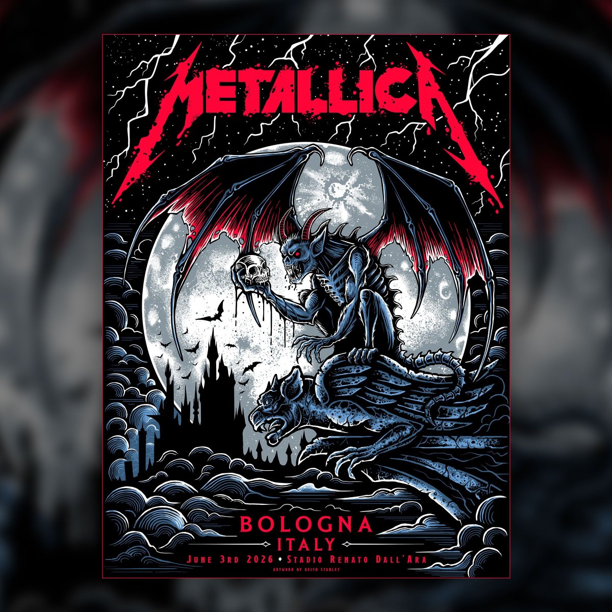 Metallica's tweet photo. The #M72Bologna Pop-Up Shop is now open, which means you can now get your hands on this limited-edition poster by Keith Stanley.

Exclusive to the Berlin Pop-Up Shop, you won’t find this Keith Stanley design anywhere else. A limited number of prints will be available daily, so if you’ve got your eye on it, make sure you show up early! 

DUMBO
VIA CAMILLO CASARINI 19 | 40131 BOLOGNA
TUE & WED | 8:30 AM - 8 PM
THU | 8:30 AM - 6 PM