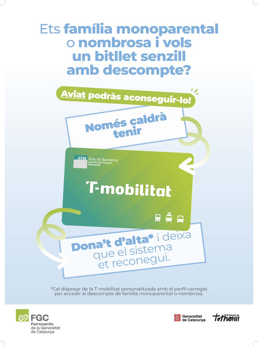 dsocialscat's tweet photo. Famílies monoparentals i nombroses, això us interessa!

⌛️Aviat podreu gaudir de descomptes en bitllet senzill amb la #Tmobilitat🚆💙

👉 Encara no la tens?

📲 Dona’t d’alta ara i deixa que el sistema et reconegui! 

https://t.co/RwPVEVeWVU https://t.co/HT6g6HwgbC