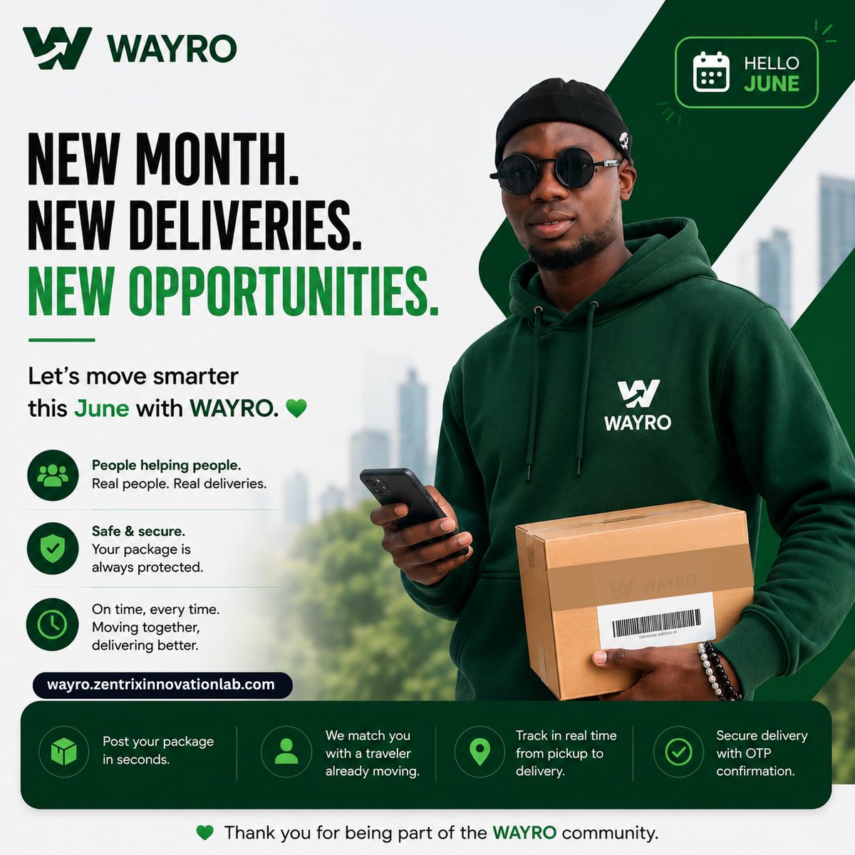 wayroapp's tweet photo. New month. New deliveries. New opportunities.
Let’s move smarter this June with WAYRO 💚
https://t.co/o3DeetdIWQ https://t.co/2tzCEz7kV4