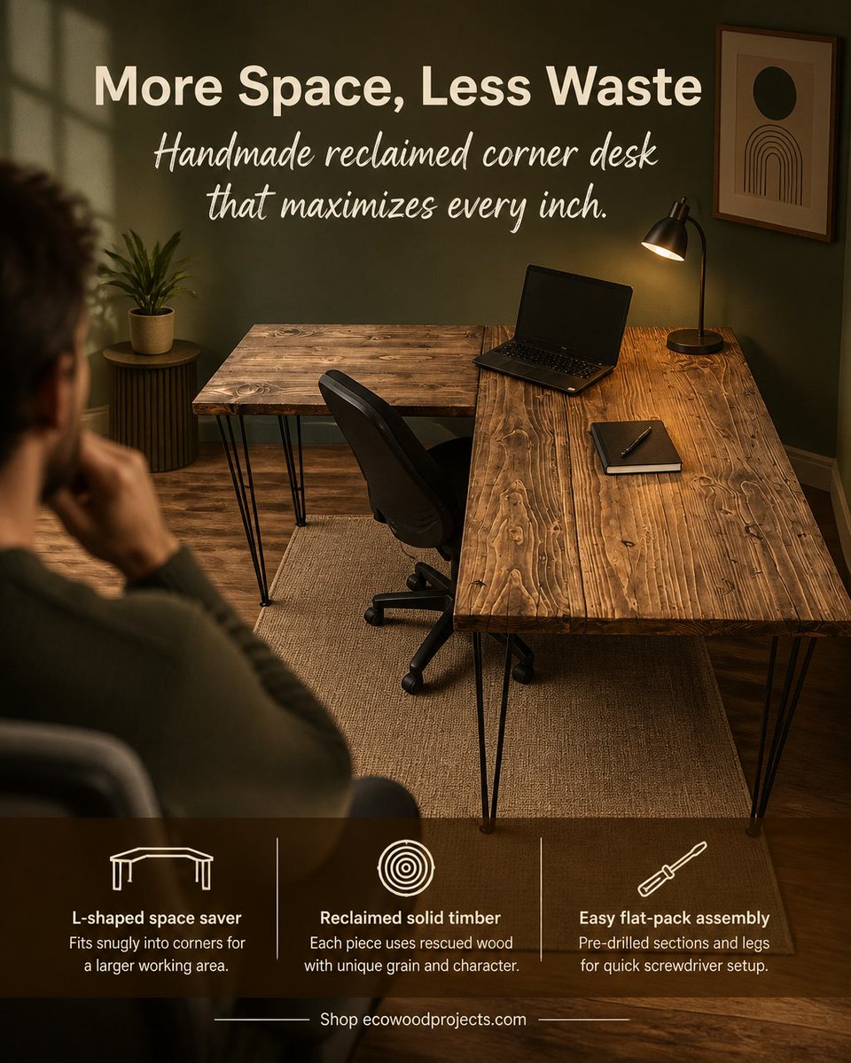 iroko_timber's tweet photo. L-shaped corner desk blends reclaimed wood character with slim hairpin legs for a durable, space-saving workspace. Handmade joinery and low-sheen finish highlight grain and age marks. Choose sizing to fit tight corners or your home office. https://t.co/VCmoV4YufI https://t.co/qsz3YWB8nC