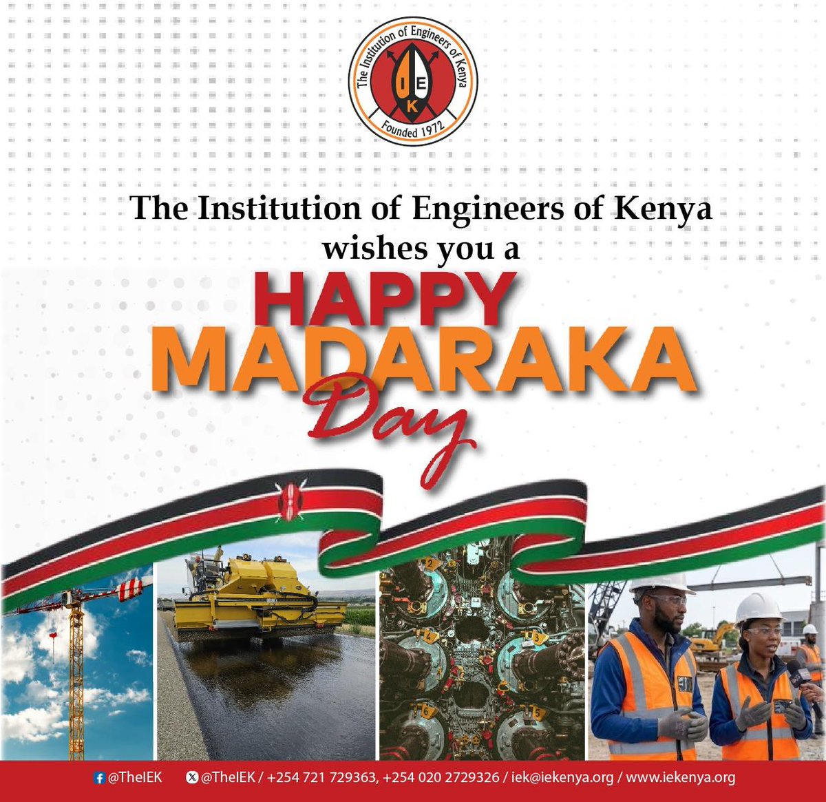 TheIEK's tweet photo. Happy Madaraka Day from the Institution of Engineers of Kenya (IEK)!

Today, we celebrate the spirit of self-governance, resilience, and progress that continues to shape our nation. As engineers, we remain committed to driving innovation, infrastructure development, and sustainable solutions that contribute to Kenya's growth and prosperity.