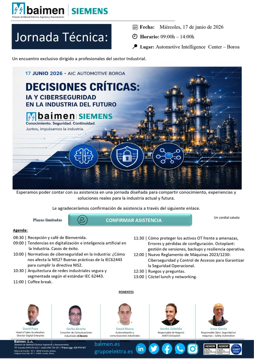 BaimenSA's tweet photo. Jornada técnica el 17 de junio en AIC Automotive Boroa. IA industrial, ciberseguridad OT y normativa NIS2 — con @siemens_es  y @elektragroup. 
⚠️ Plazas limitadas. Contacta con tu comercial en @BaimenSA .
#YourTechnicalElectricalPartner https://t.co/V8qsjvSAoj