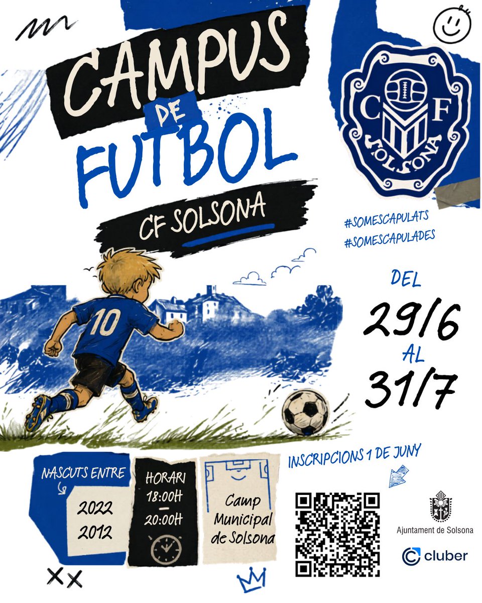 CFSolsona's tweet photo. Aquí tens una versió més curta i atractiva:

CAMPUS D’ESTIU CF SOLSONA ⚽️☀️

Aquest estiu, gaudeix del futbol al màxim! Entrenaments, tècnica, tàctica, amistats, diversió i moltes sorpreses. ⚽️🏃‍♂️🏃‍♀️

M https://t.co/ErxuXKNiOF