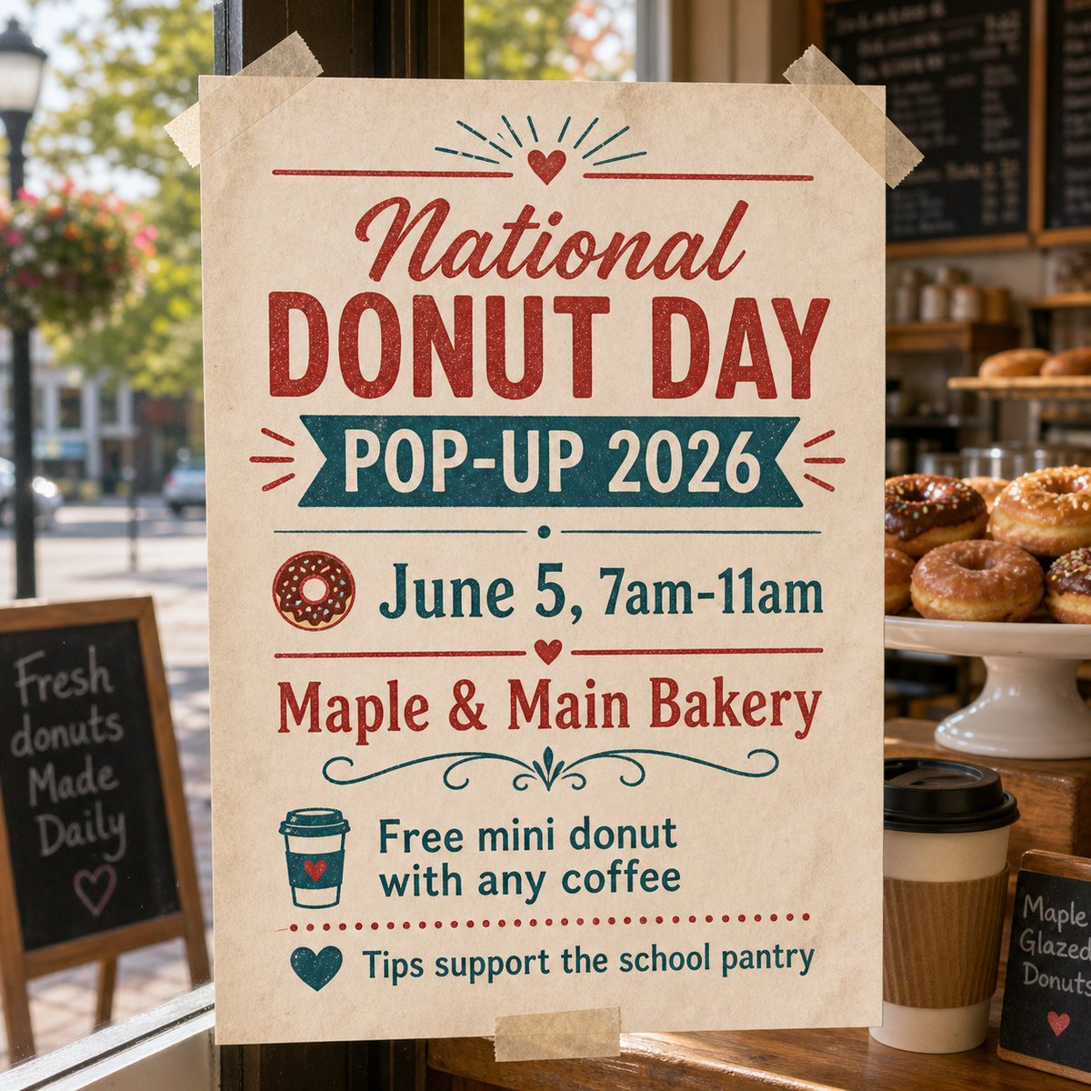 pagepopai's tweet photo. Maple & Main had 300 donut boxes ordered and exactly zero signs ready.

National Donut Day is in a few days, which is a very specific kind of bakery panic.

Typed into PagePop:
"Create a social media poster for a neighborhood bakery event. National Donut Day Pop-Up 2026 | June 5, 7am-11am | Maple & Main Bakery | Free mini donut with any coffee | Tips support the school pantry | First 100 guests | Style: warm realistic small-town bakery window flyer, fresh donuts and coffee, readable typography, soft paper texture, tasteful red and teal accents, friendly community-board feeling, no corporate ad feel, no logos, no watermark."

By lunch, the school pantry fundraiser had a window flyer that actually looked like the shop: warm, clear, local. 
#PagePop