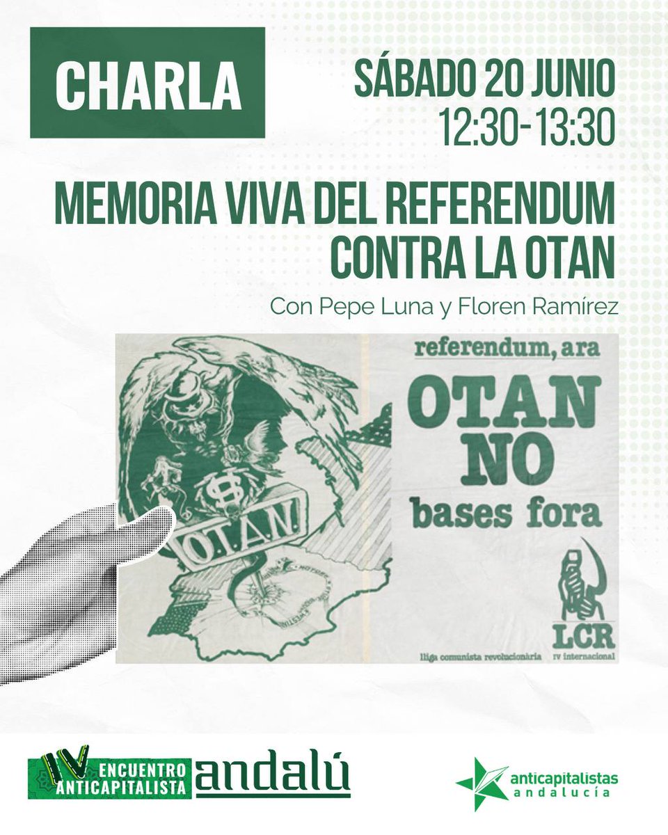 Anticapi_And's tweet photo. ✊ OTAN NO. Bases fuera.

Recuperamos esa memoria para debatir qué significó aquella campaña, qué fuerzas la hicieron posible y qué puede aportar a las luchas actuales contra la guerra y el rearme.

📅 Sábado 20 de junio/ 12:30 - 13:30

📝 Inscribete :https://t.co/Ovt9xmrMW2 https://t.co/K5GJJmdShH