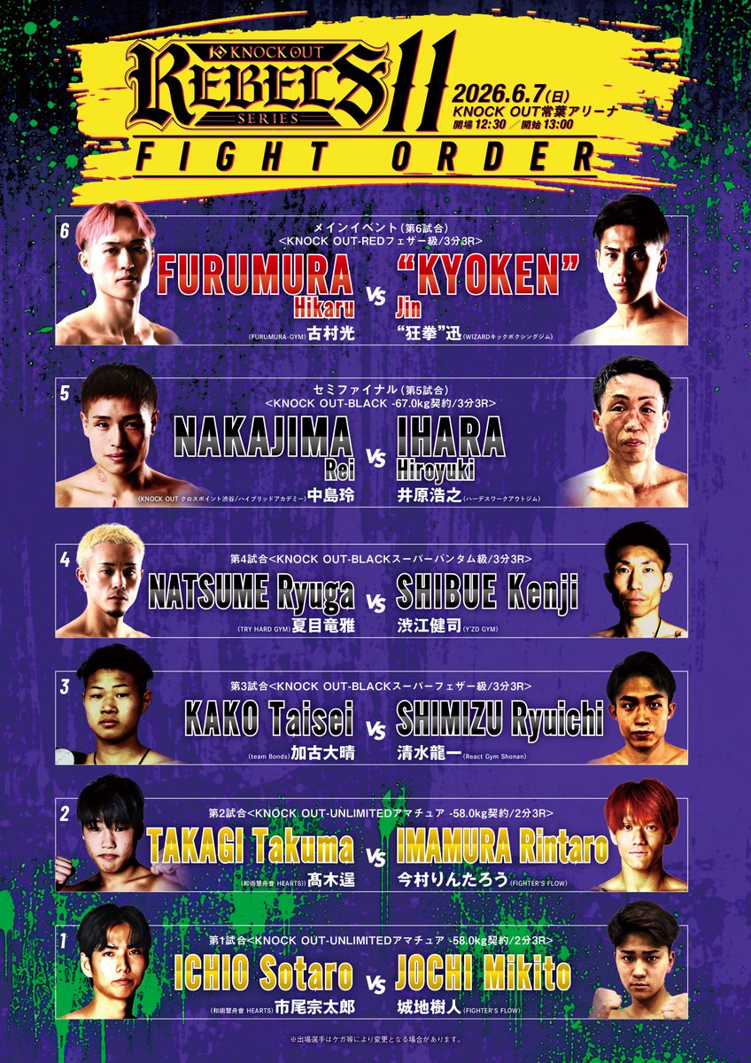 kb_knockout's tweet photo. ◤6.7 KNOCK OUT REBELS SERIES.11◢

◥◣＿＿＿＿＿＿＿＿＿＿◢◤
　　💥FIGHT ORDER💥
　　　　試合順公開‼️
◢◤￣￣￣￣￣￣￣￣￣￣◥◣

🚨大会まで残り"6日''🚨
ファイトオーダーを公開！🏁🔥

📅6/7（日）13:00開始予定
🏟KNOCK OUT常葉アリーナ
📡U-NEXT配信
🖥大会情報 
https://t.co/4KiqSyhcHx

#KOF11
#knockout_kb 
#格闘技
