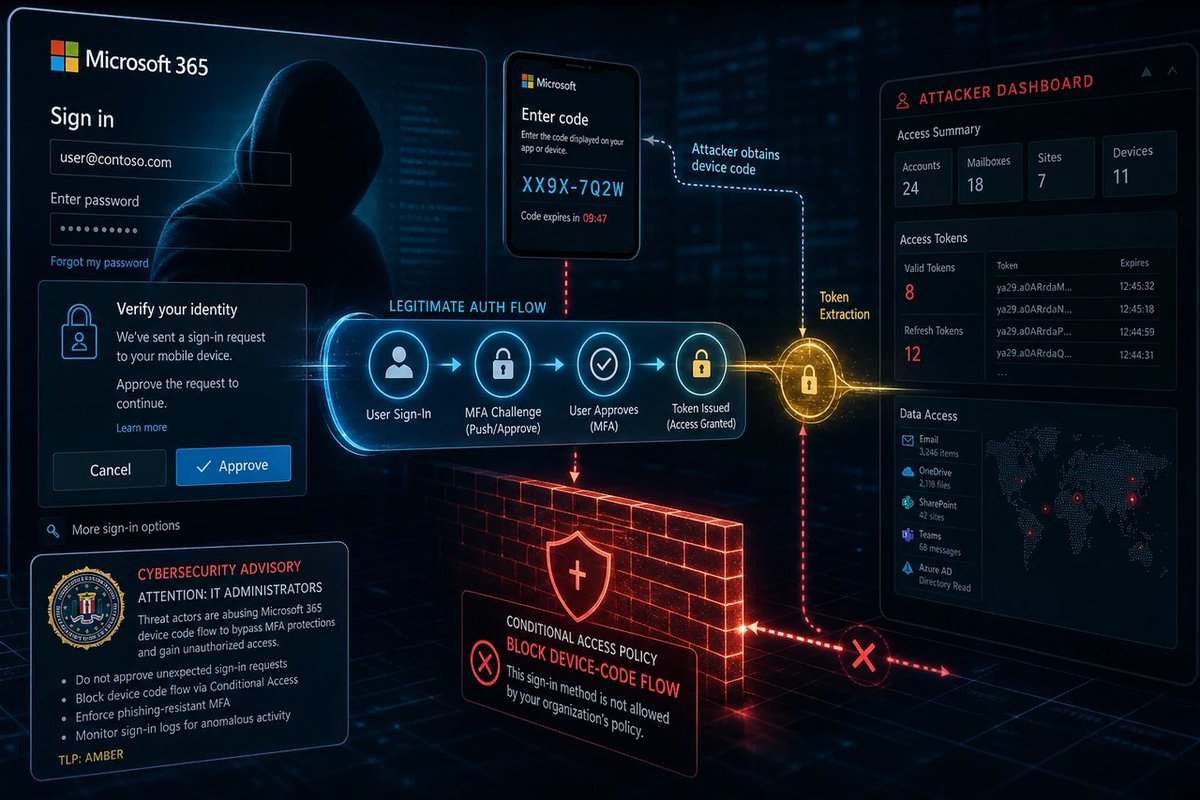 windowsforum's tweet photo. 🚨 FBI warns Kali365 can abuse device-code to grab OAuth tokens and bypass MFA. Translation: your “MFA protects me” plan has cracks—Microsoft workflows can be weaponized. #Windows #Microsoft #M365 #Security
https://t.co/fqT0NhM29G
#ConditionalAccess #DeviceCodePhishing https://t.co/grH5CdVvzJ